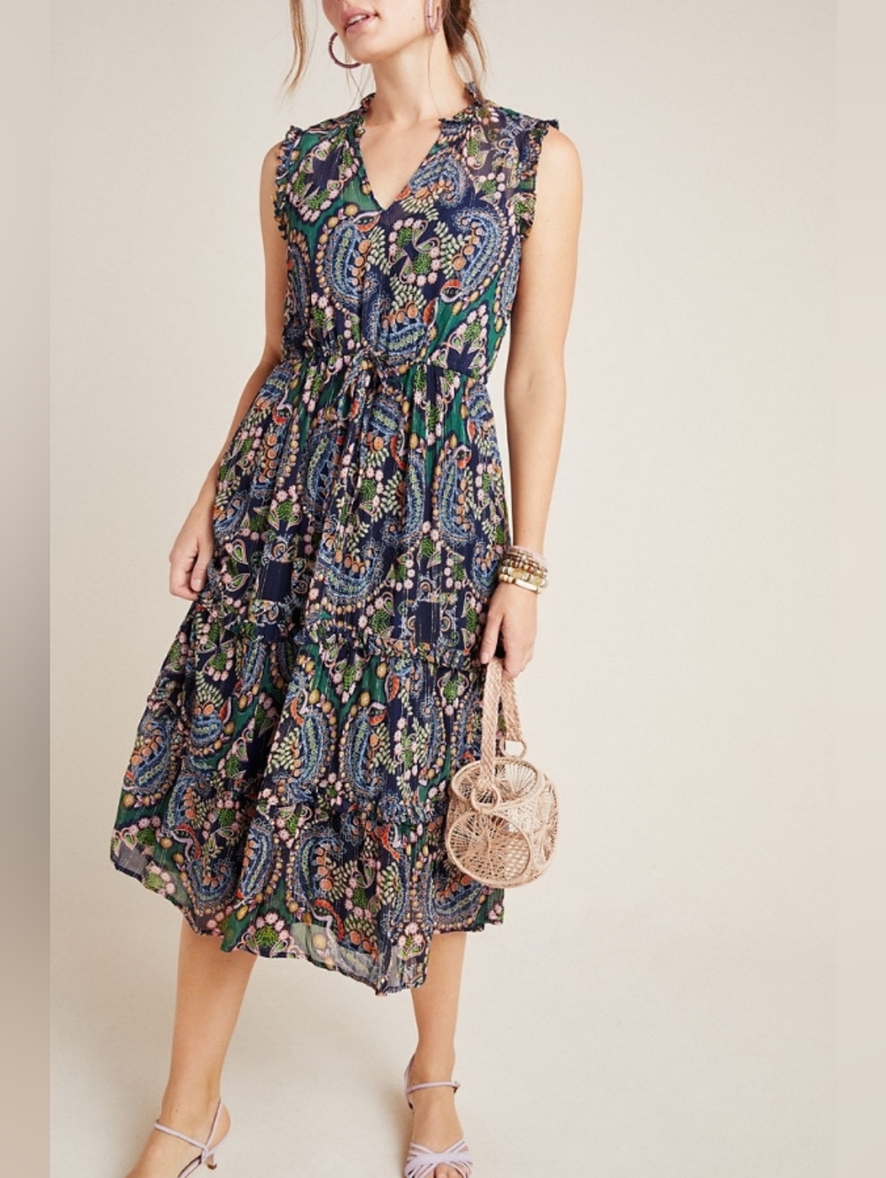 Anthropologie Elmira Ruffled Midi Dress Boho Tiered Paisley Metallic Size 10